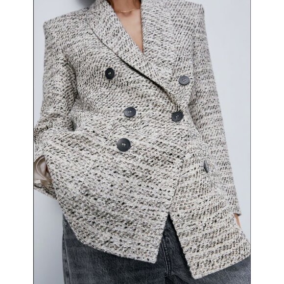 ZARA Double Breasted Tweed Blazer Jacket Sz S Neutral 2251/158 - Picture 2 of 13